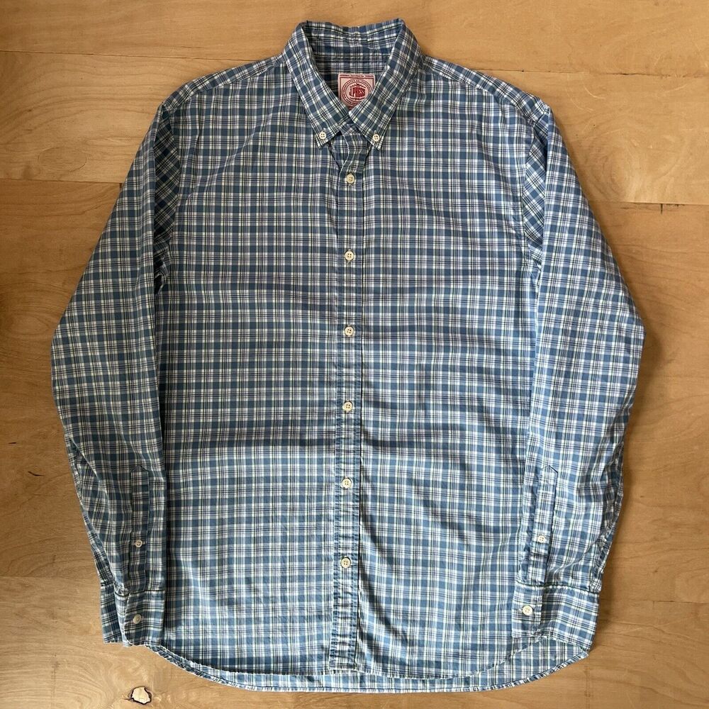 J Press Button Up Shirt XL Blue Green Collared Long Sleeve Oxford New York